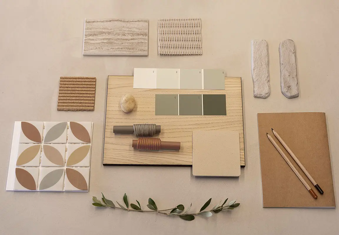 Selecció de materials – Mercè Rafecas Interiors Paleta de materials i textures de l'estudi d'interiorisme a Sitges