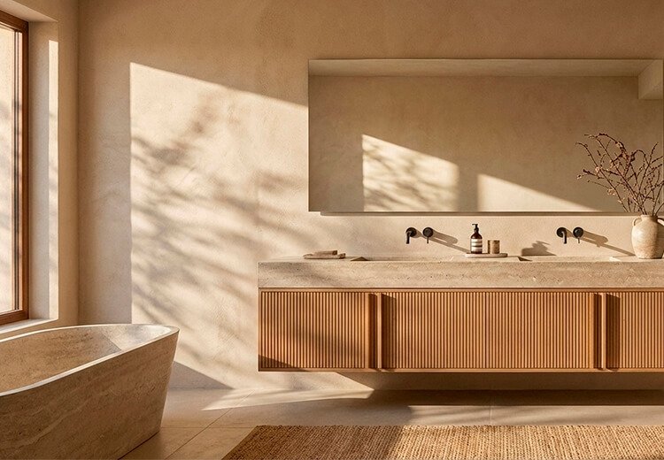 Inspiració bany quiet luxury Bany de luxe amb pedra natural i llum suau